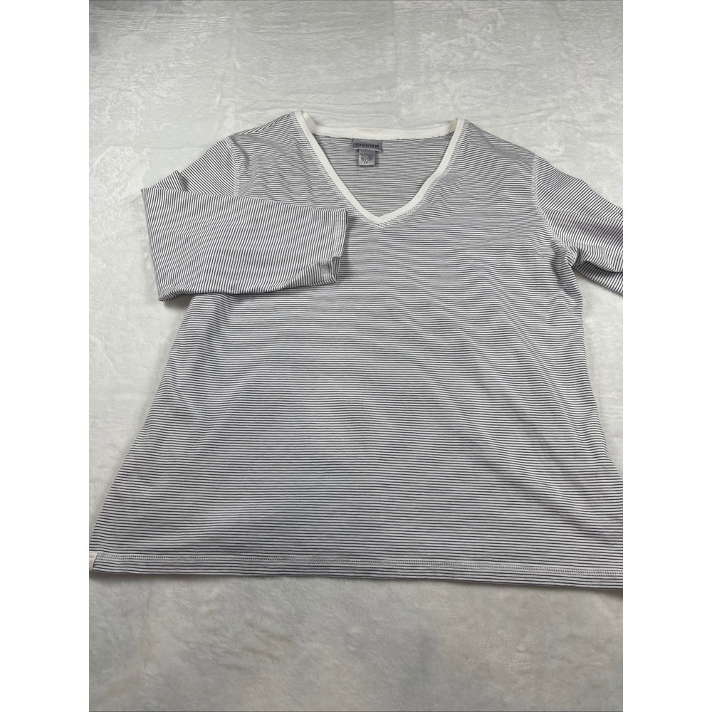Chicos Striped V-Neck Top Size 3 XL White Navy Pima Cotton Lyocell 3/4 Sleeve